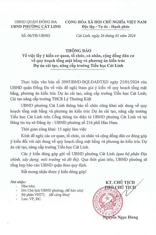 THÔNG BÁO VỀ VIỆC LẤY Ý KIẾN CỦA CƠ QUAN, TỔ CHỨC, CÁ NHÂN, CỘNG ĐỒNG DÂN CƯ VỀ QUY HOẠCH TỔNG MẶT BẰNG VÀ PHƯƠNG ÁN KIẾN TRÚC, DỰ ÁN CẢI TẠO, NÂNG CẤP TRƯỜNG TIỂU HỌC CÁT LINH